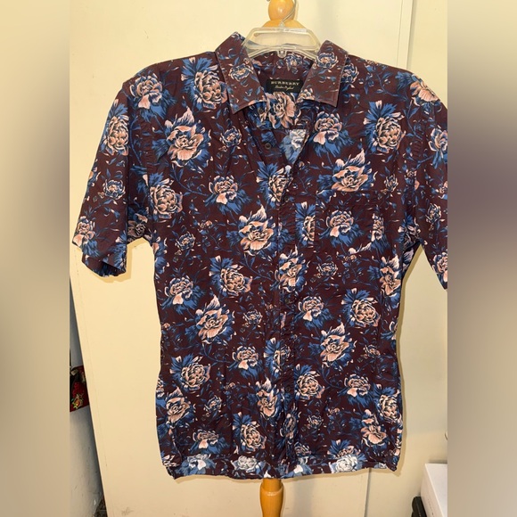 Burberry Men's Floral Button Down Shirt burgundy Blue Pink 44